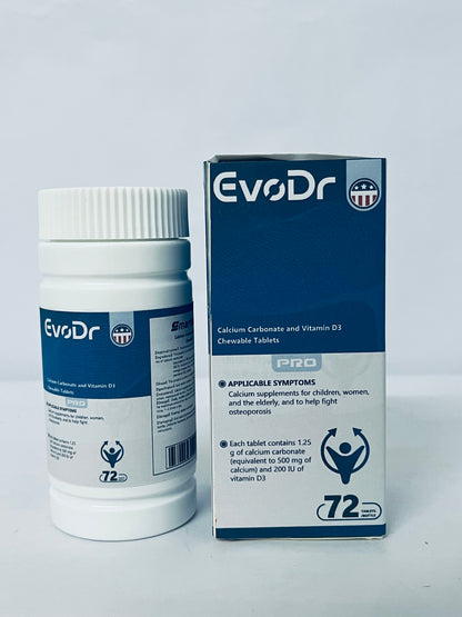 EvoDr Calcium Carbonate & Vitamin D3 Chewable Tablets - 72 Count | Calcium Supplement for Women, Men, & Seniors to Support Bone Health