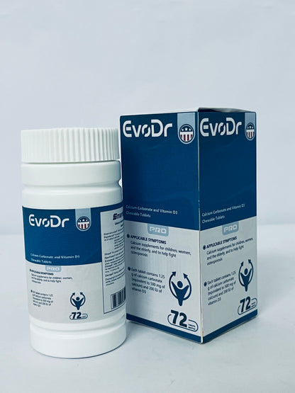 EvoDr Calcium Carbonate & Vitamin D3 Chewable Tablets - 72 Count | Calcium Supplement for Women, Men, & Seniors to Support Bone Health
