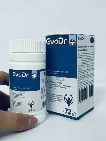 EvoDr Calcium Carbonate & Vitamin D3 Chewable Tablets - 72 Count | Calcium Supplement for Women, Men, & Seniors to Support Bone Health