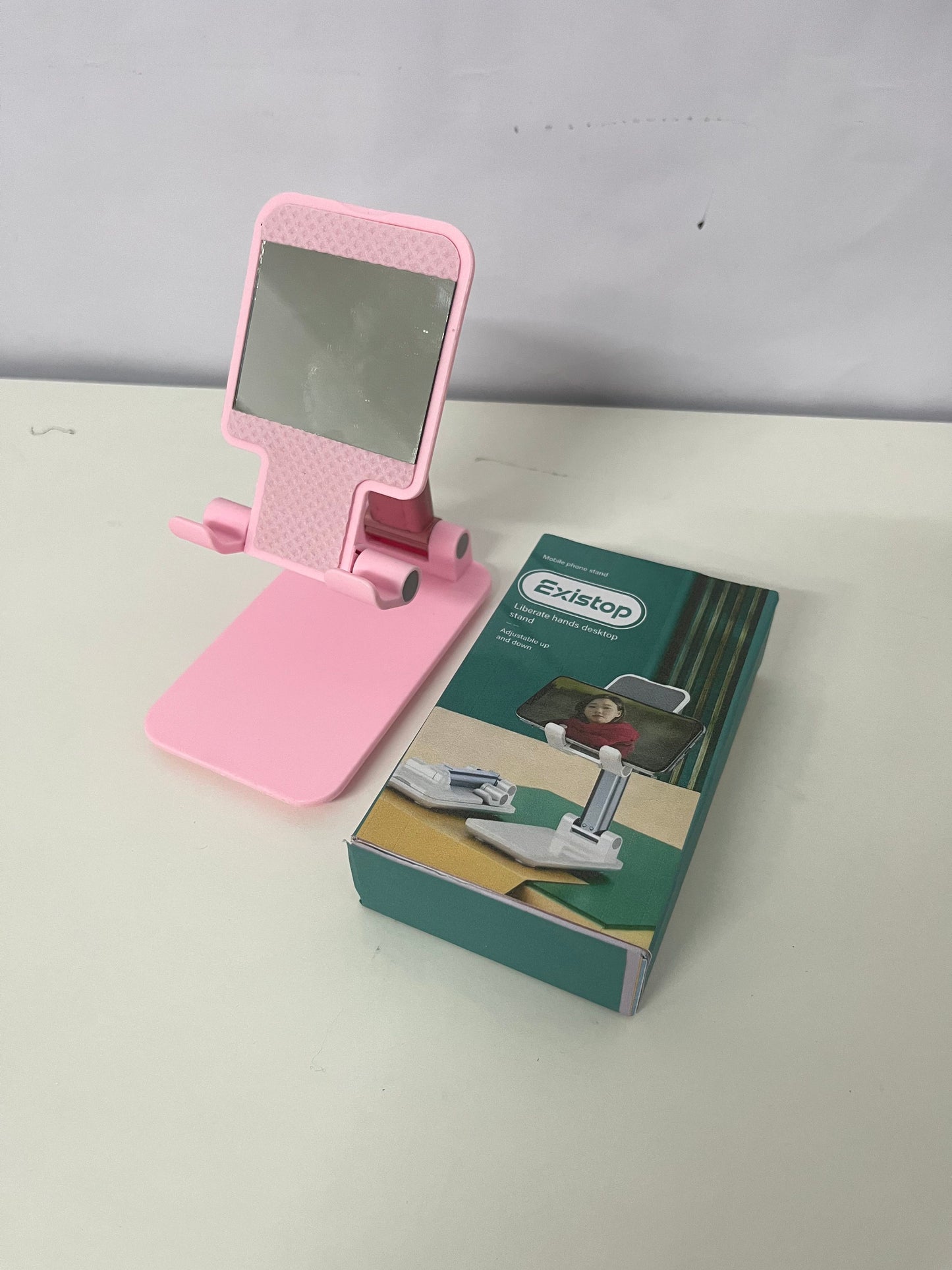 Existop Adjustable Desktop Phone Stand, Pink Portable Foldable Phone Holder, Hands-Free for Watching Videos, Live Streaming, Studying, Video Calling