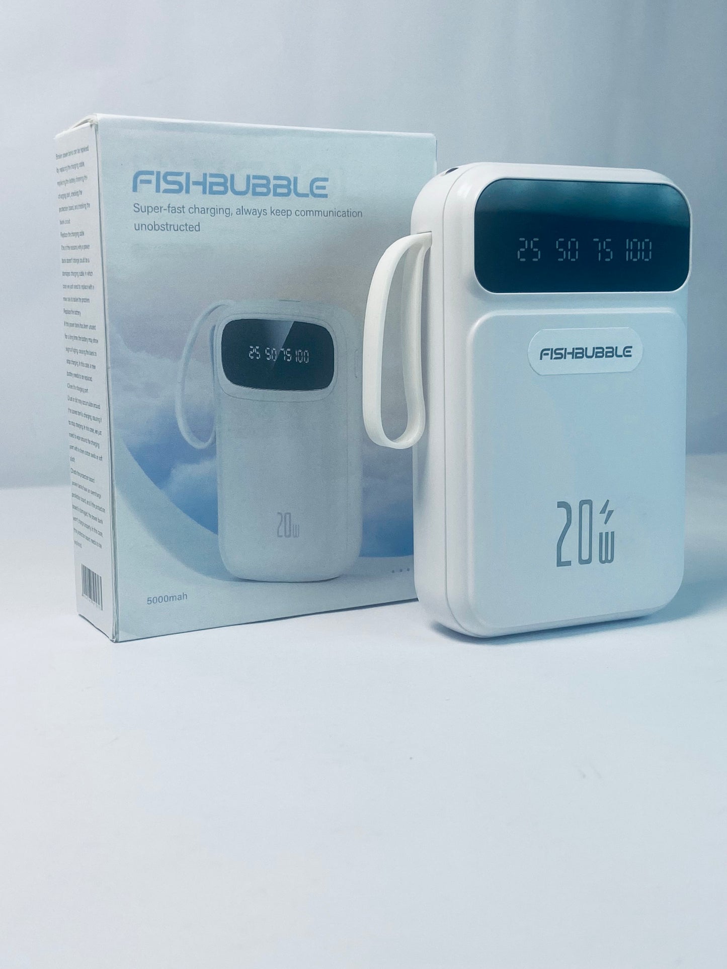 FISHBUBBLE Portable Charger 5000mAh with Built-in 4 Cables, PD 20W Fast Charging Power Bank for iPhone,White