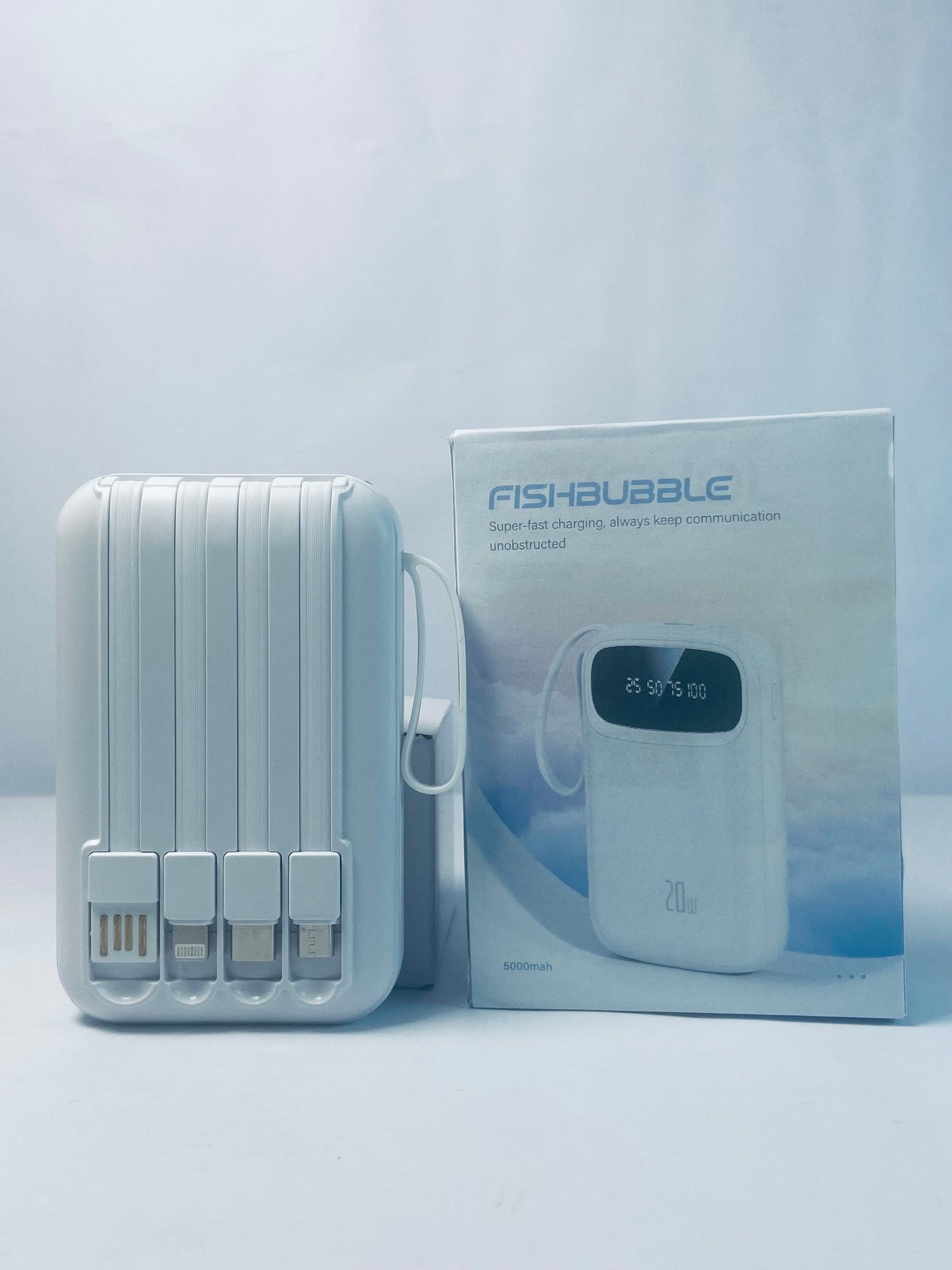 FISHBUBBLE Portable Charger 5000mAh with Built-in 4 Cables, PD 20W Fast Charging Power Bank for iPhone,White