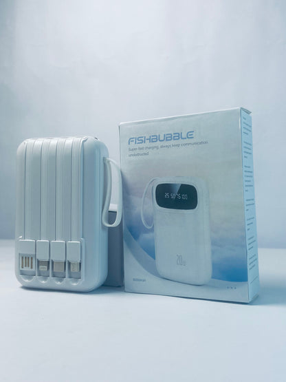 FISHBUBBLE Portable Charger 5000mAh with Built-in 4 Cables, PD 20W Fast Charging Power Bank for iPhone,White
