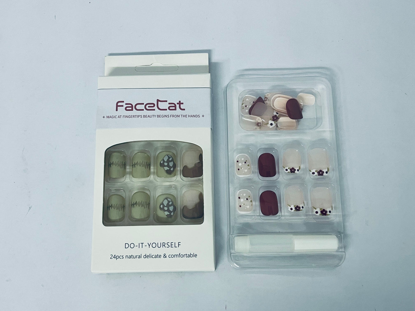 FaceCat Press on Nails Square, Flower Press on Nails Short, French Tip Press on Nails Medium, Flower False Nails, Glue on Nails, Gel Fake Nails for Women