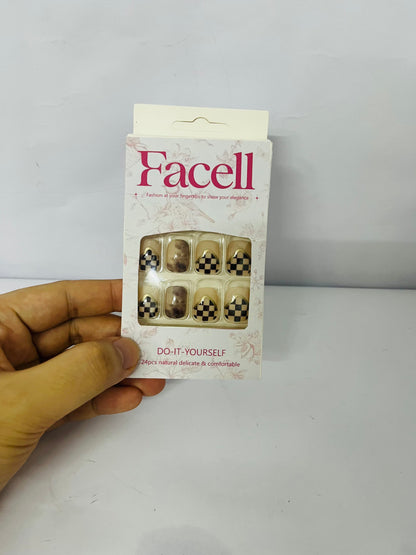 Facell 24Pcs Full Cover Reusable False Nails Kits, Press on Nails Coffin Shape, Stick on Finger Nails with Designs, Glue on Nails Short Square, Artificial Fingernails Acrylic Fake Nails for Women