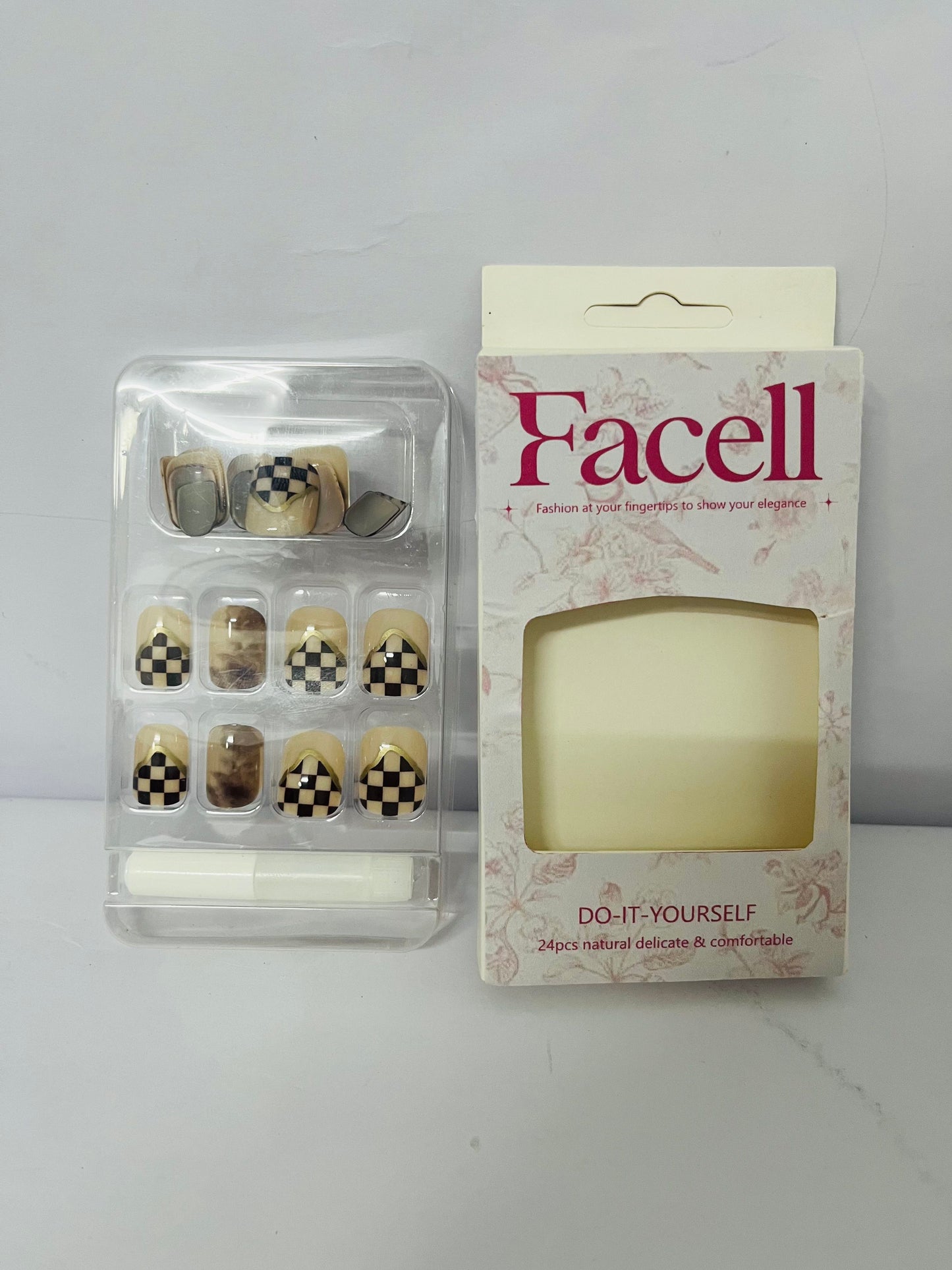 Facell 24Pcs Full Cover Reusable False Nails Kits, Press on Nails Coffin Shape, Stick on Finger Nails with Designs, Glue on Nails Short Square, Artificial Fingernails Acrylic Fake Nails for Women
