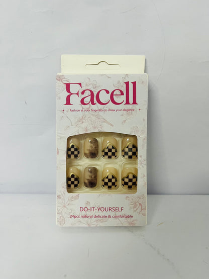 Facell 24Pcs Full Cover Reusable False Nails Kits, Press on Nails Coffin Shape, Stick on Finger Nails with Designs, Glue on Nails Short Square, Artificial Fingernails Acrylic Fake Nails for Women