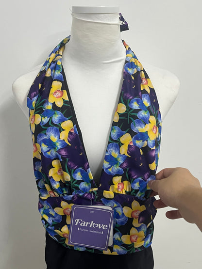 [Farlove Swimsuits]——Farlove Vintage Floral Halter One-Piece Swimsuit - Slimming Tummy Control Bathing Suit