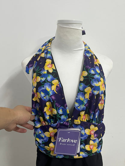 [Farlove Swimsuits]——Farlove Vintage Floral Halter One-Piece Swimsuit - Slimming Tummy Control Bathing Suit