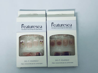 Featuresea 24Pcs Pink Press - on Nails, Short Square Fake Nails with Floral Details, Natural & Comfortable Artificial Nails for Women