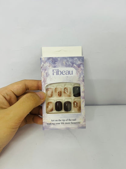 Fibeau 24 PCS Christmas Press on Nails Black Short Square - Winter Fake Nails Glue on Nails Press ons Nail Art Tips with White Ombre Clouds Glossy Design Full Cover Acrylic False Nails Stick on Nails