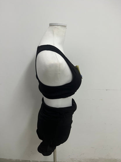 FieeU Black Tracksuit - Crop Tank & Ruched Shorts for Active & Casual Style