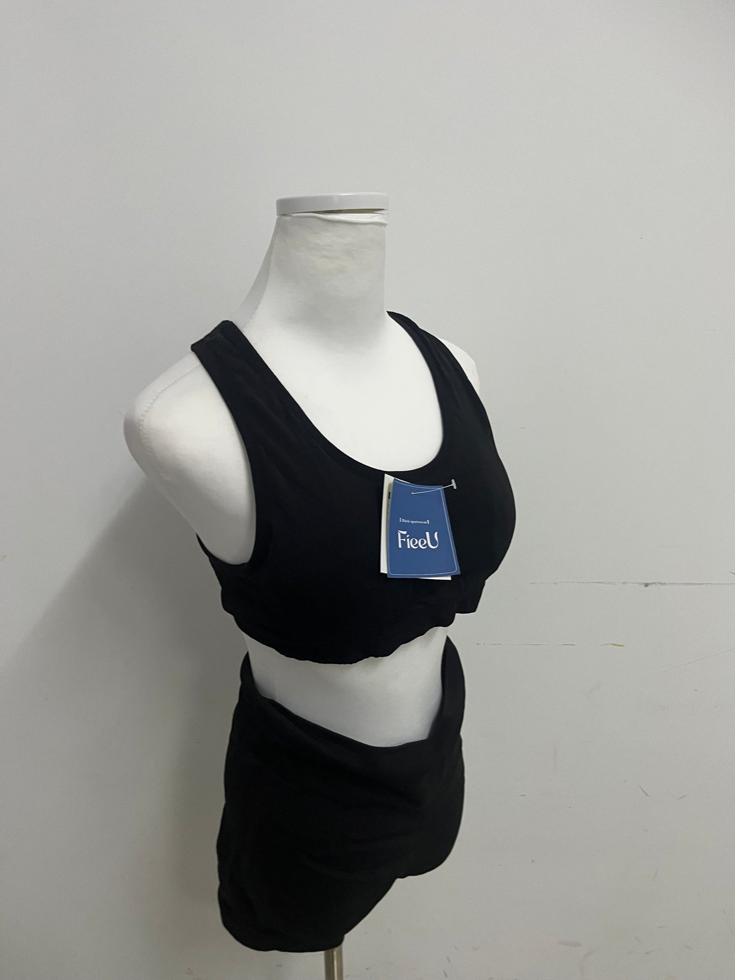 FieeU Black Tracksuit - Crop Tank & Ruched Shorts for Active & Casual Style