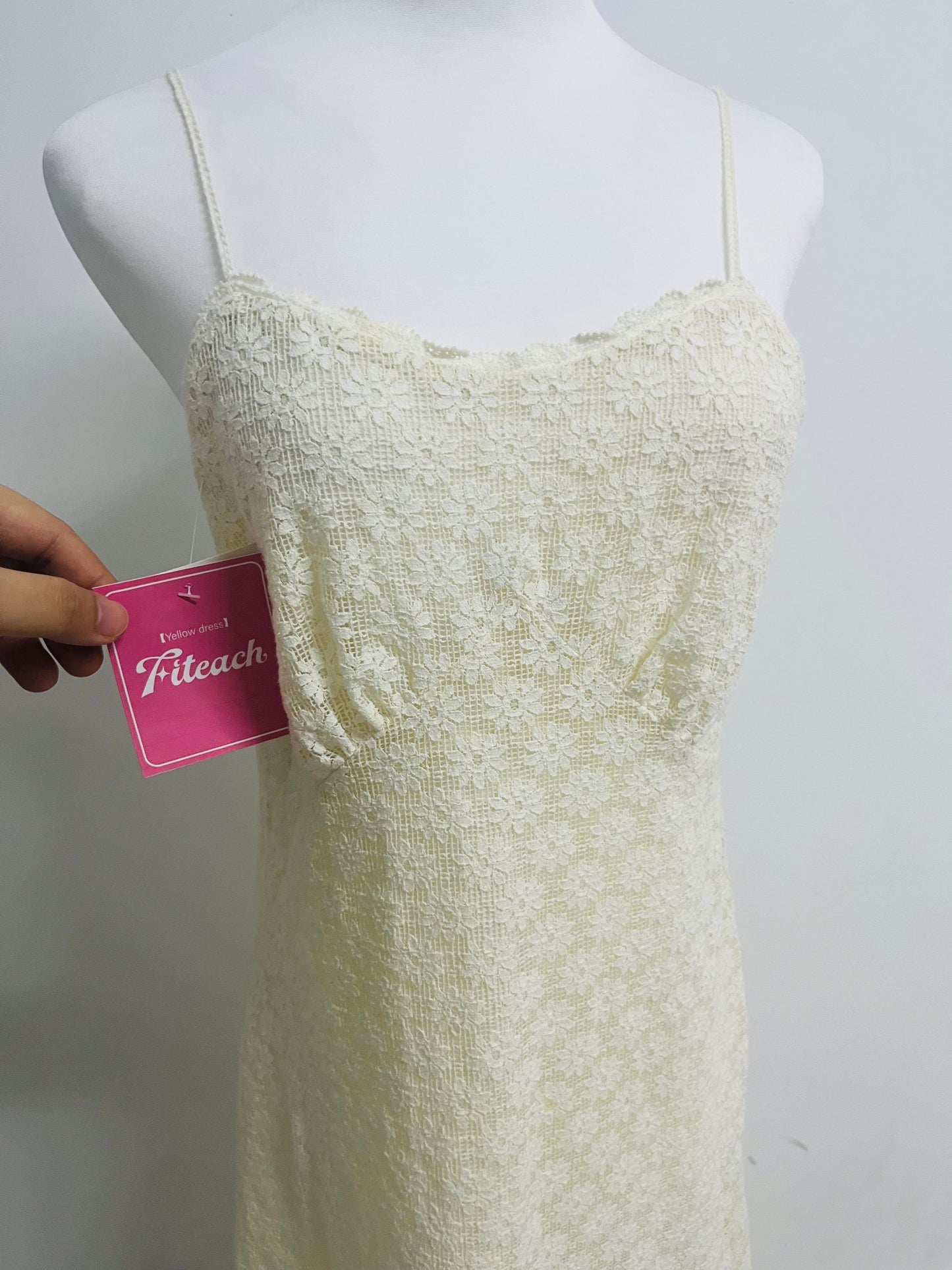 Fiteach Women's Cream Lace Cami Dress - Spaghetti Strap Sleeveless Midi Dress for Casual & Party