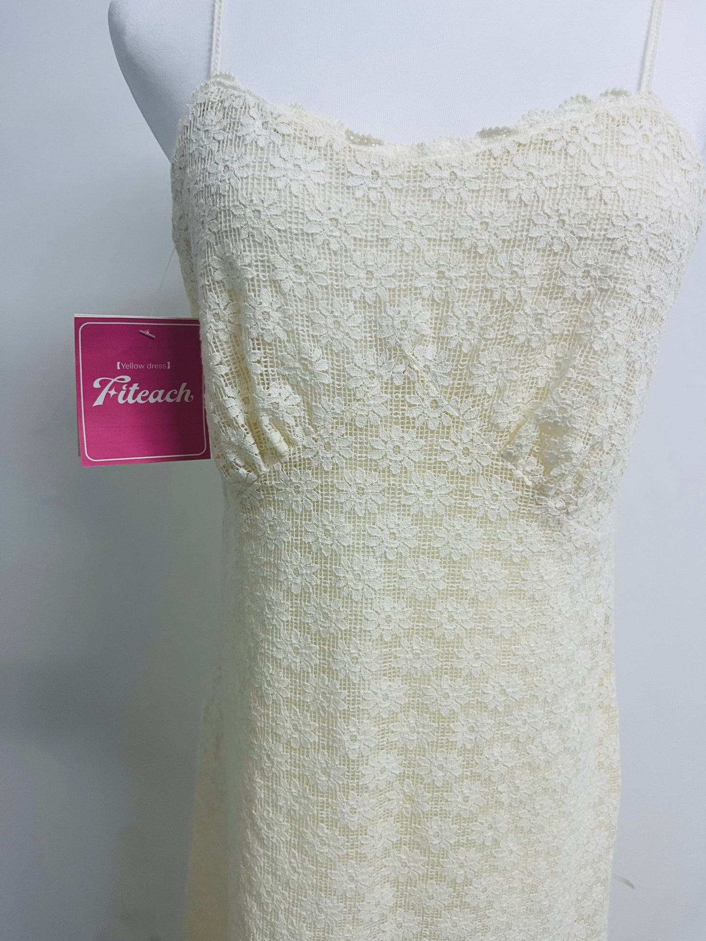 Fiteach Women's Cream Lace Cami Dress - Spaghetti Strap Sleeveless Midi Dress for Casual & Party