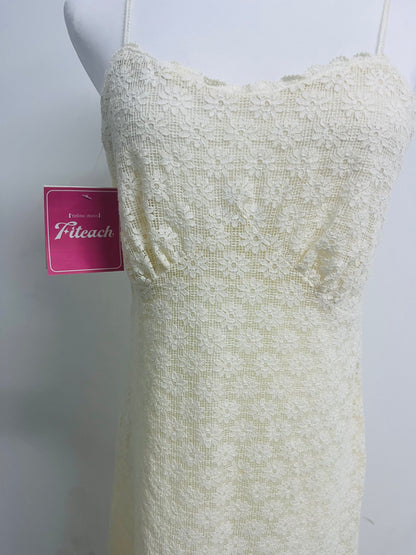 Fiteach Women's Cream Lace Cami Dress - Spaghetti Strap Sleeveless Midi Dress for Casual & Party