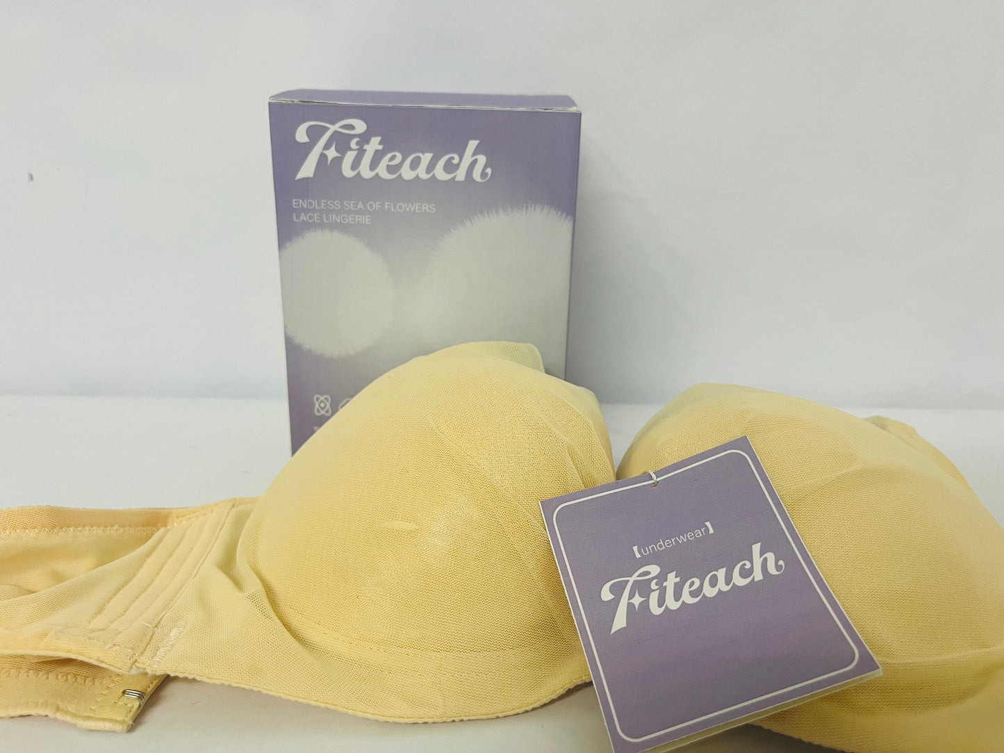 Fiteach Women’s Strapless Bra - Cream Yellow Mesh Padded Push-Up Bra with Anti-Slip Design