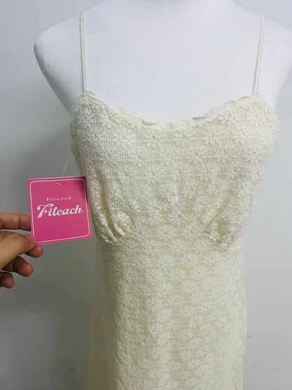 Fiteach Women's Cream Lace Cami Dress - Spaghetti Strap Sleeveless Midi Dress for Casual & Party