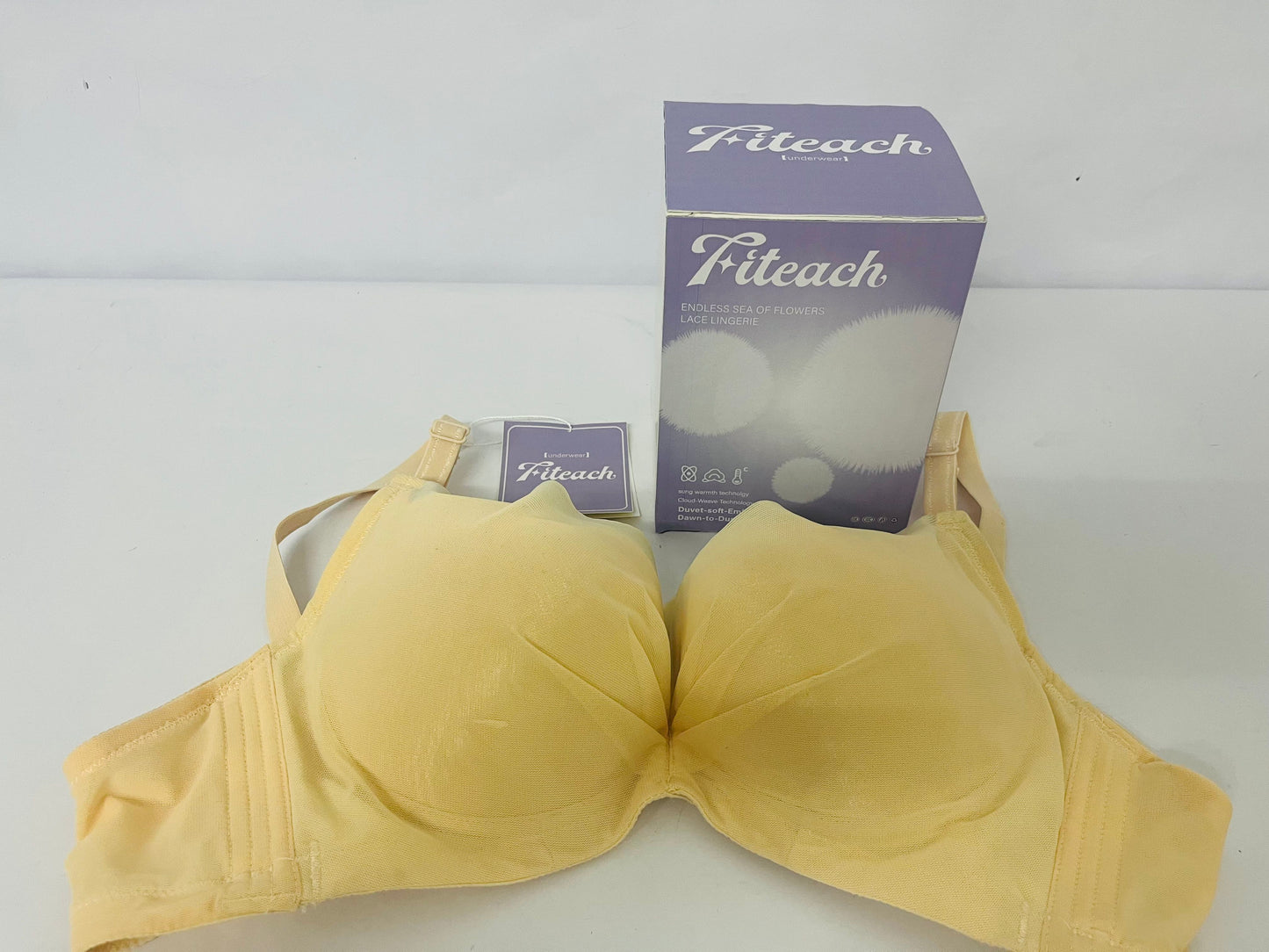 Fiteach Women’s Strapless Bra - Cream Yellow Mesh Padded Push-Up Bra with Anti-Slip Design