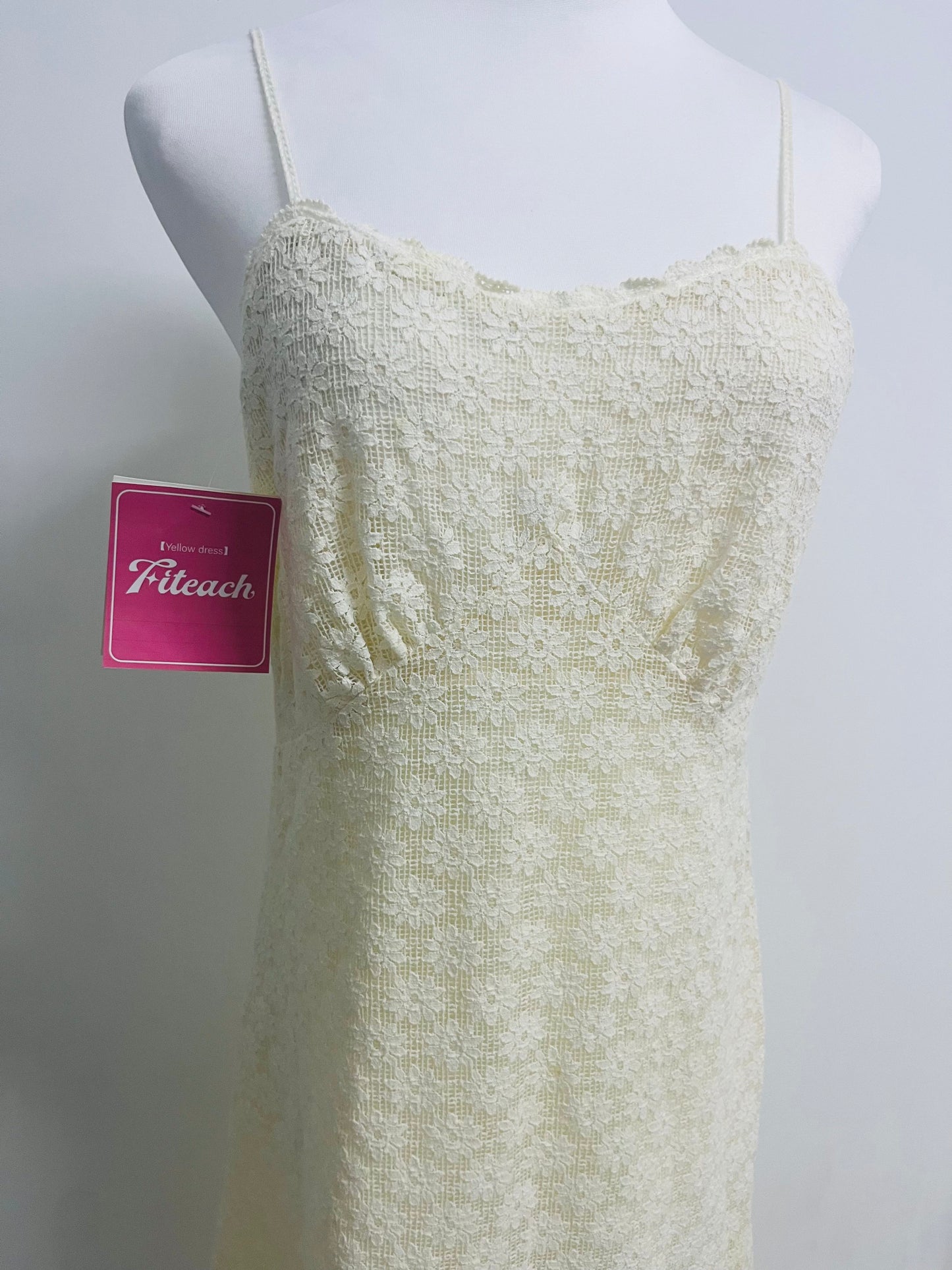 Fiteach Women's Cream Lace Cami Dress - Spaghetti Strap Sleeveless Midi Dress for Casual & Party
