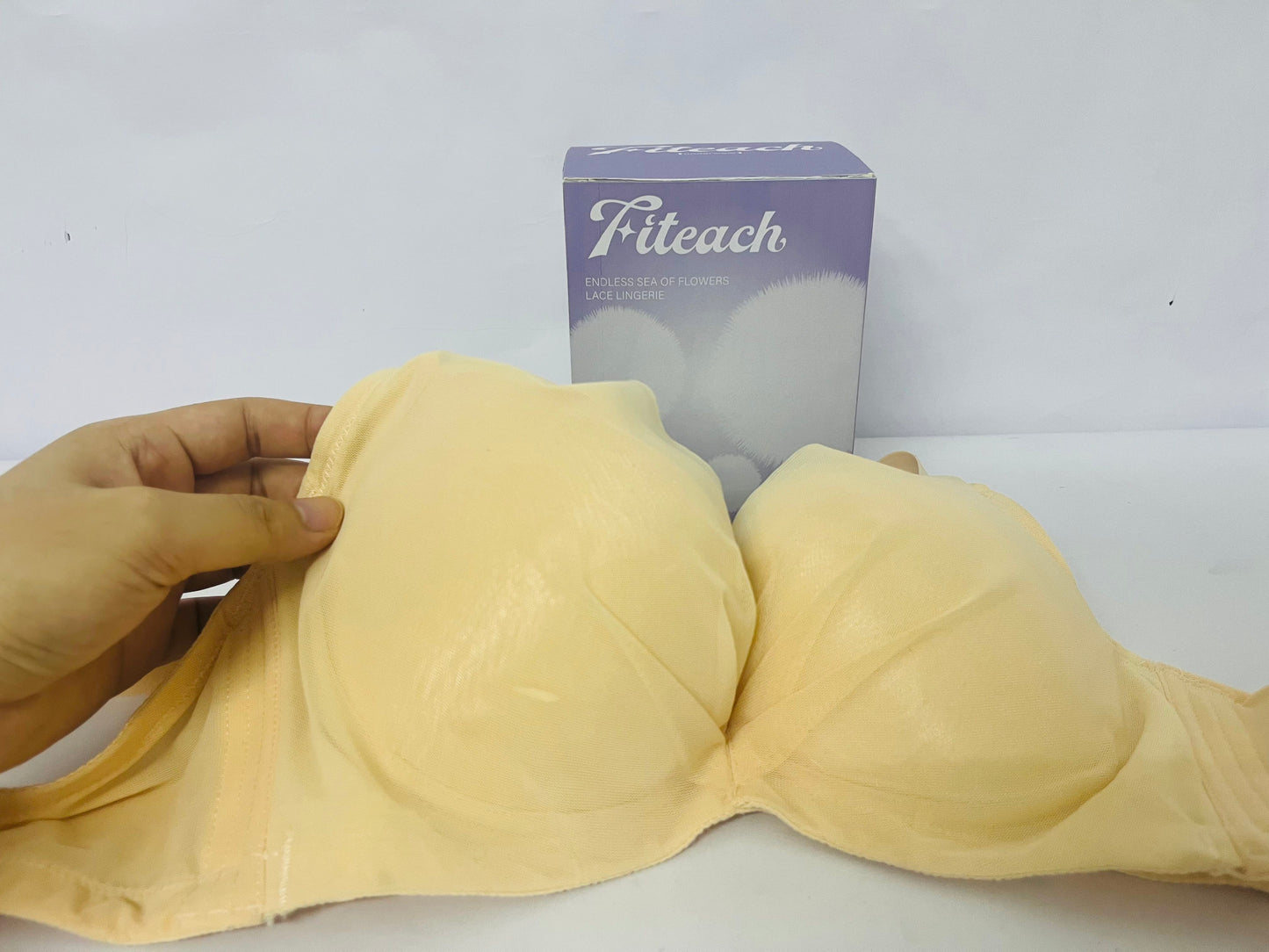 Fiteach Women’s Strapless Bra - Cream Yellow Mesh Padded Push-Up Bra with Anti-Slip Design