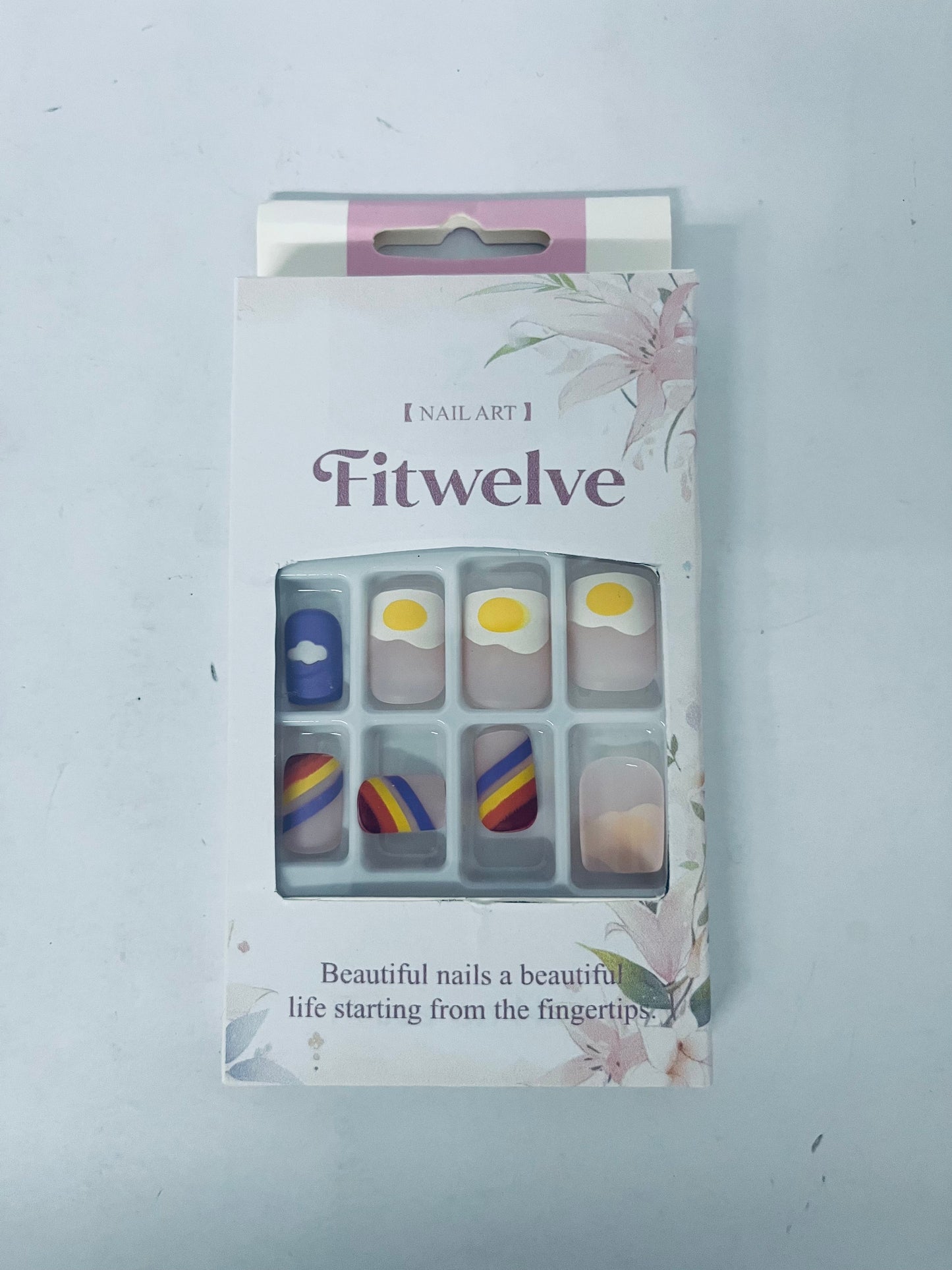 Fitwelve False nails Handmade Duck Press on Nails with Glue，3D Flower Design Fake Nails Ripple Glossy Luxury Rhinestone Artificial Glitter Charm Full Cover Thick False Nails for Girls Festival Party 10 Pcs