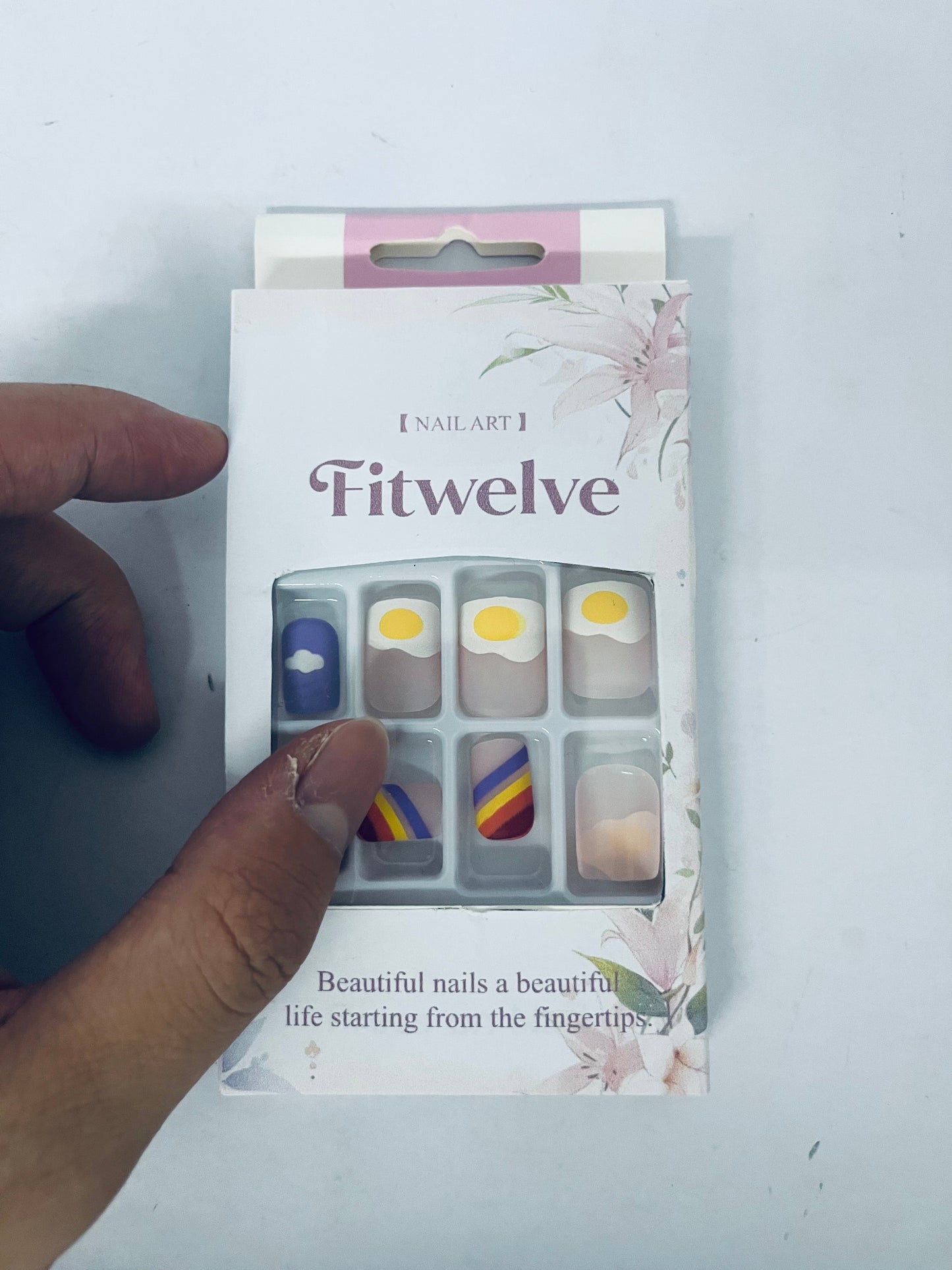 Fitwelve False nails Handmade Duck Press on Nails with Glue，3D Flower Design Fake Nails Ripple Glossy Luxury Rhinestone Artificial Glitter Charm Full Cover Thick False Nails for Girls Festival Party 10 Pcs