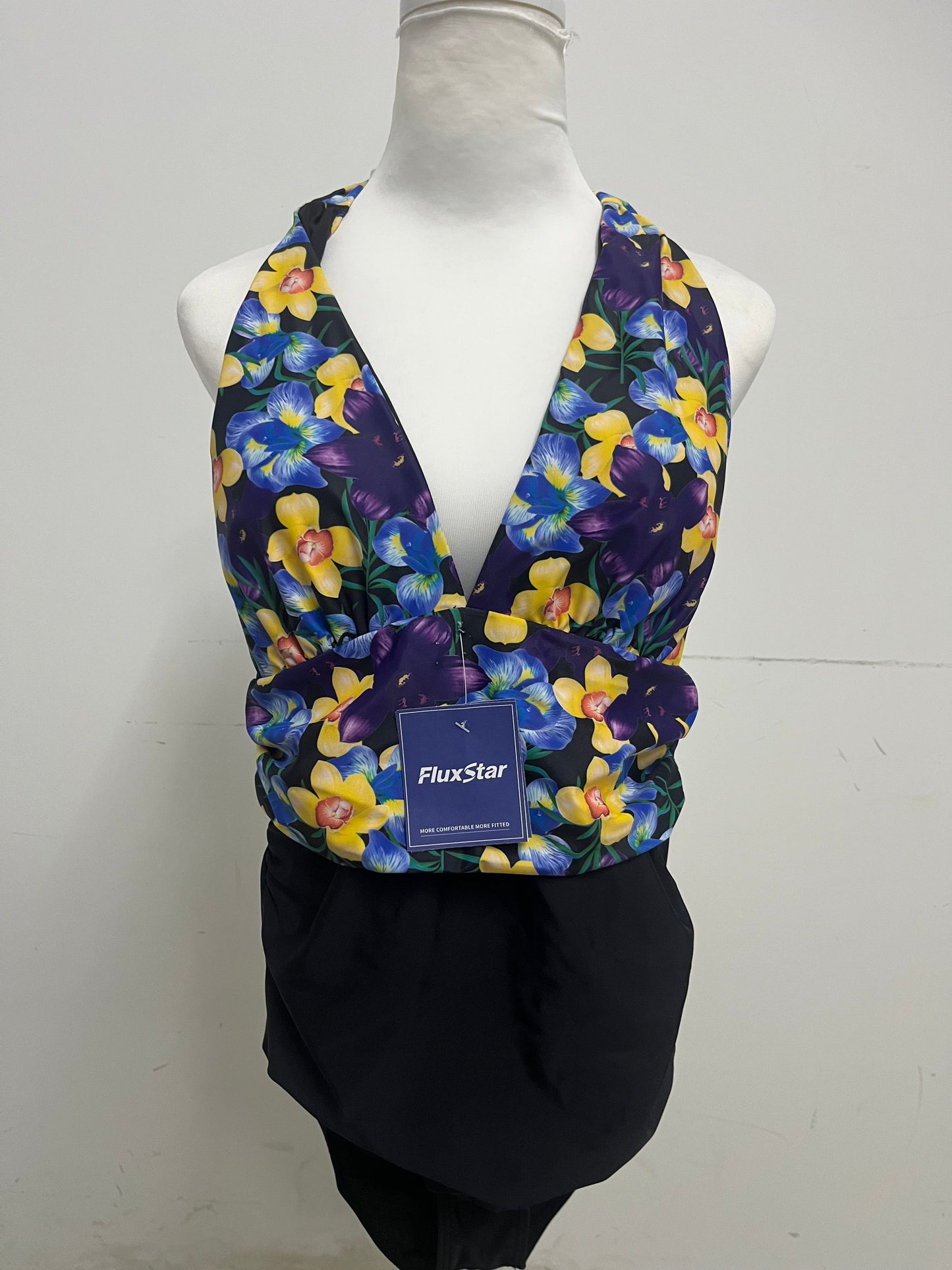 FluxStar Halter Neck Floral Print Swimsuit: Vibrant Yellow & Blue Floral Pattern Wrap-Waist Bathing Suit with Quick-Dry Fabric for Beach & Pool