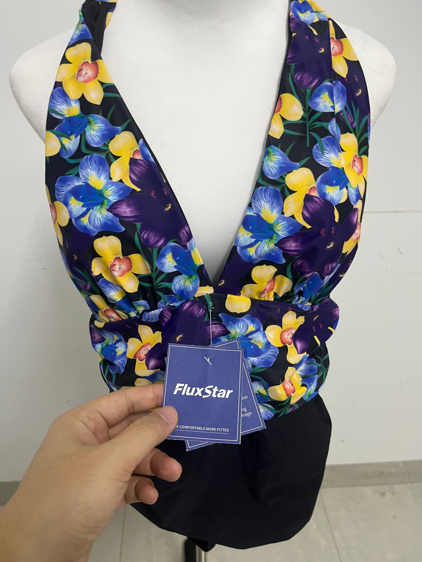 FluxStar Halter Neck Floral Print Swimsuit: Vibrant Yellow & Blue Floral Pattern Wrap-Waist Bathing Suit with Quick-Dry Fabric for Beach & Pool