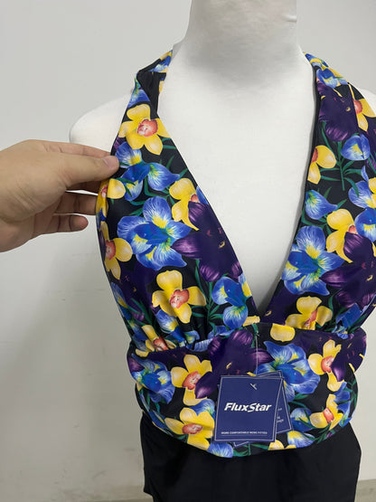 FluxStar Halter Neck Floral Print Swimsuit: Vibrant Yellow & Blue Floral Pattern Wrap-Waist Bathing Suit with Quick-Dry Fabric for Beach & Pool