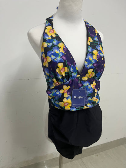 FluxStar Halter Neck Floral Print Swimsuit: Vibrant Yellow & Blue Floral Pattern Wrap-Waist Bathing Suit with Quick-Dry Fabric for Beach & Pool