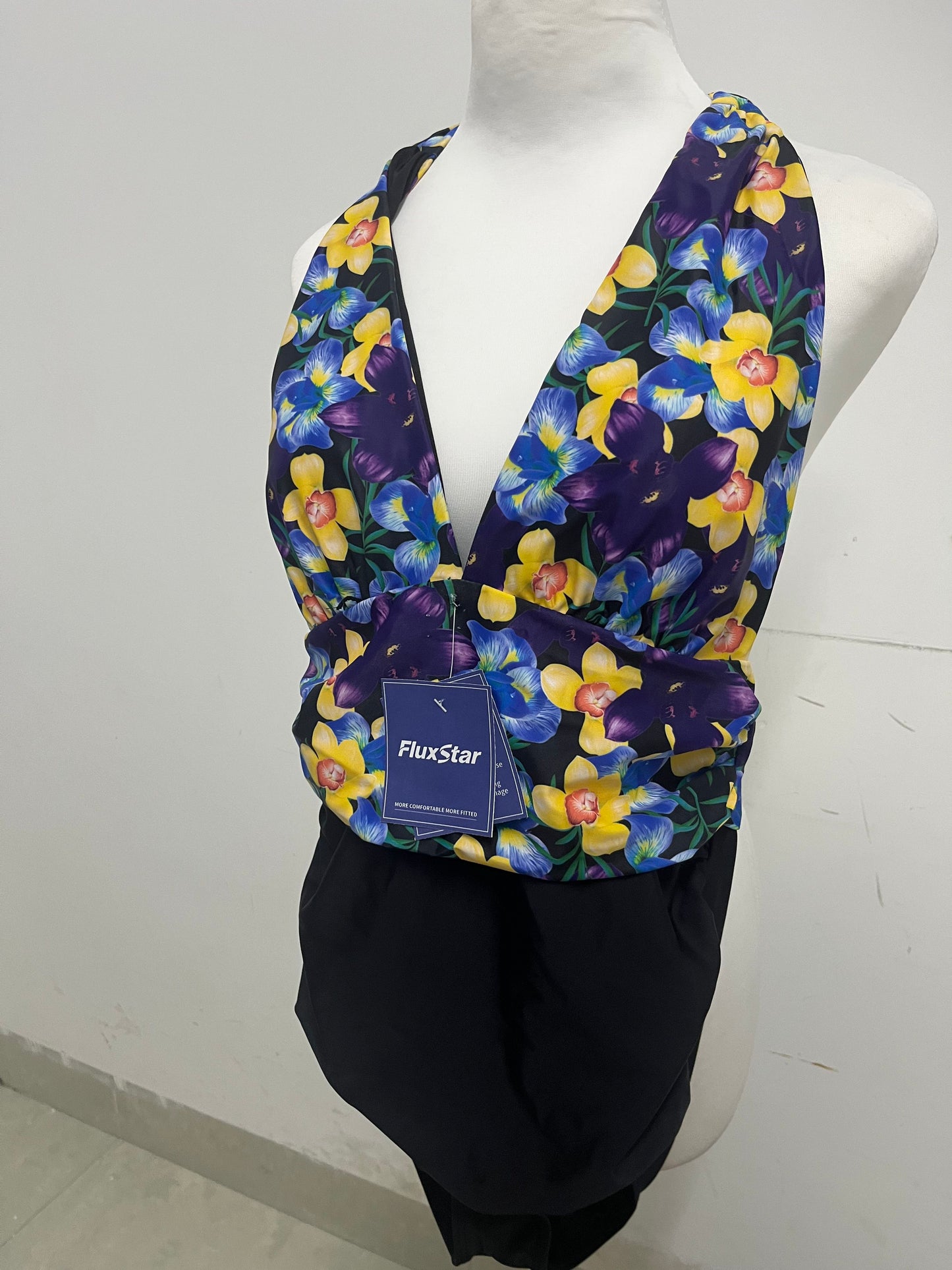 FluxStar Halter Neck Floral Print Swimsuit: Vibrant Yellow & Blue Floral Pattern Wrap-Waist Bathing Suit with Quick-Dry Fabric for Beach & Pool