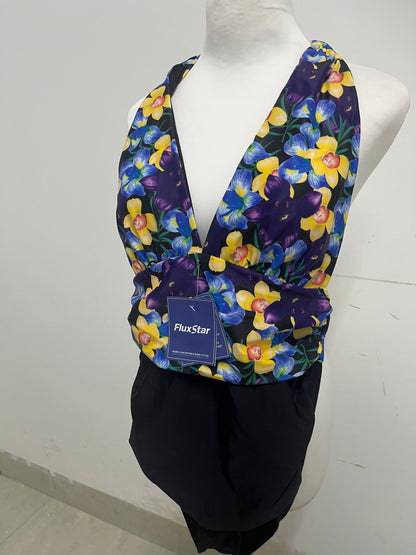 FluxStar Halter Neck Floral Print Swimsuit: Vibrant Yellow & Blue Floral Pattern Wrap-Waist Bathing Suit with Quick-Dry Fabric for Beach & Pool