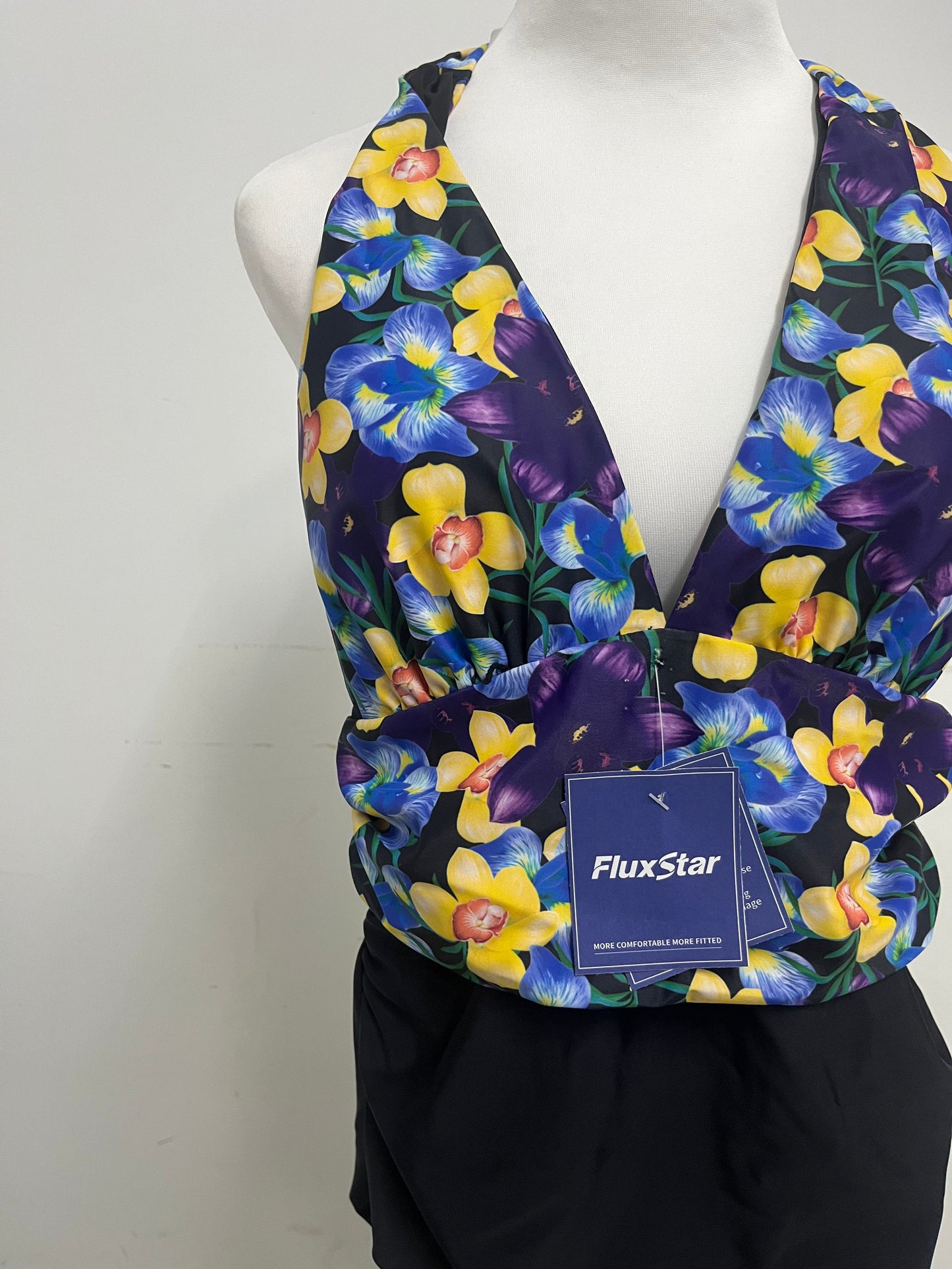 FluxStar Halter Neck Floral Print Swimsuit: Vibrant Yellow & Blue Floral Pattern Wrap-Waist Bathing Suit with Quick-Dry Fabric for Beach & Pool