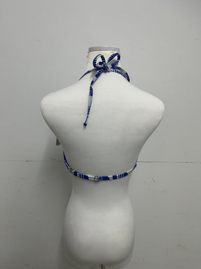 【Freefoal Blue & White Geometric Halter Swimsuit Top】—— Stylish & Adjustable Swimwear for Beach Days