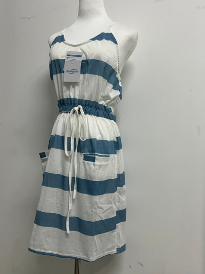 Frenemy Women's Striped Back Smocked Maxi Dress Sexy Spaghetti Strap Backless Flowy Swing Long Dress
