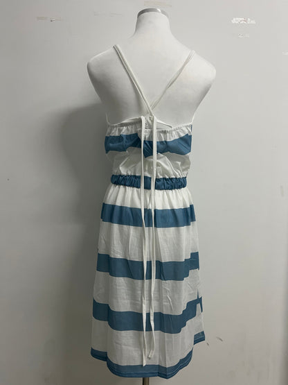 Frenemy Women's Striped Back Smocked Maxi Dress Sexy Spaghetti Strap Backless Flowy Swing Long Dress