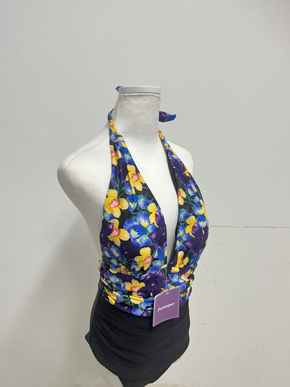 Funsuper Floral Deep V Halter Swimsuit Colorful Retro Slim-Fitting A Standout Fashion for Beach Vacations