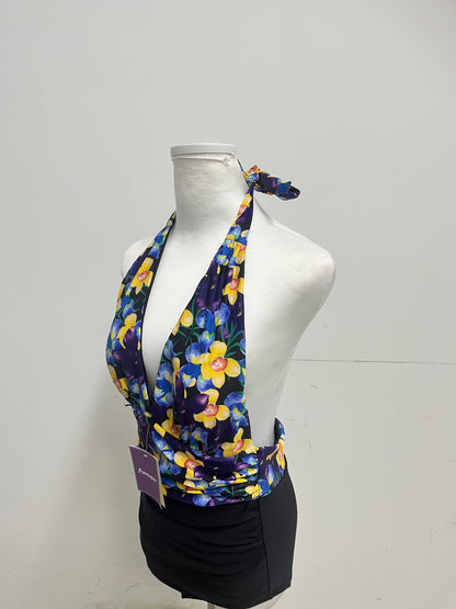 Funsuper Floral Deep V Halter Swimsuit Colorful Retro Slim-Fitting A Standout Fashion for Beach Vacations