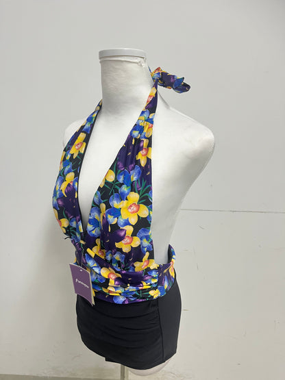 Funsuper Floral Deep V Halter Swimsuit Colorful Retro Slim-Fitting A Standout Fashion for Beach Vacations