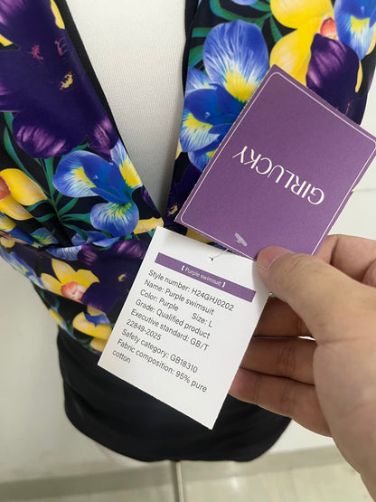 GIRLUCKY Purple Floral Halter One-Piece Swimsuit - Elegance and Vitality Combined, Be the Highlight by the Water