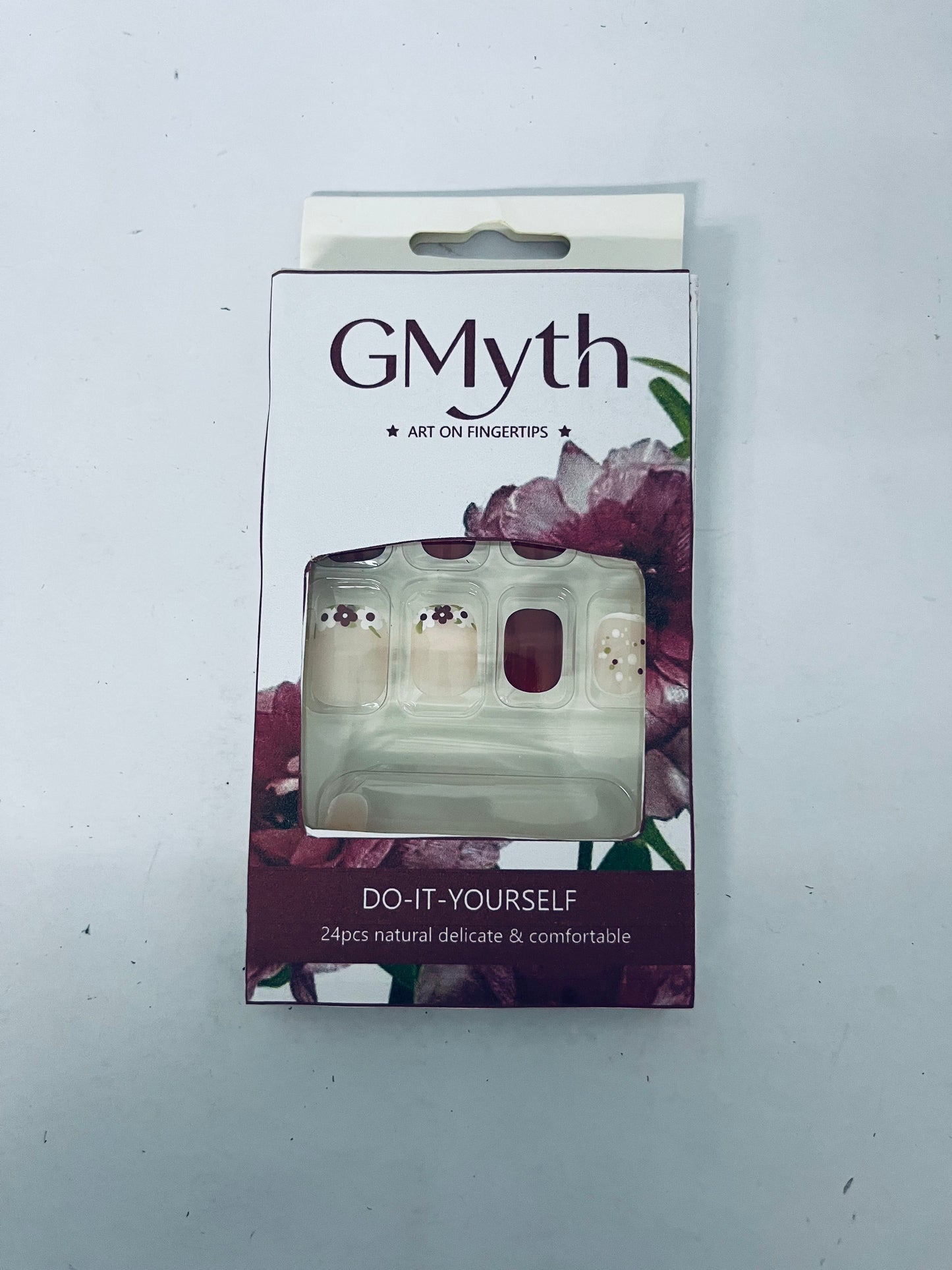 GMyth Press on Nails Short Square Fake Nails French Tip Glue on Nails Glossy Acrylic False Nails with Flower Designs Short Nails Press ons Cute Burgundy Artificial Stick on Nails for Women 24Pcs