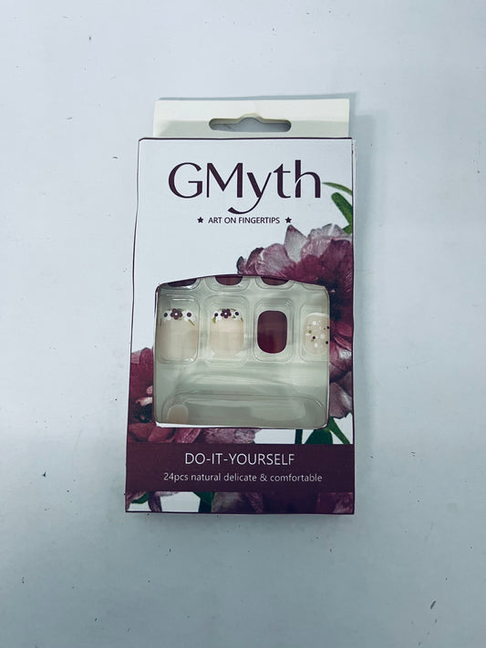 GMyth Press on Nails Short Square Fake Nails French Tip Glue on Nails Glossy Acrylic False Nails with Flower Designs Short Nails Press ons Cute Burgundy Artificial Stick on Nails for Women 24Pcs