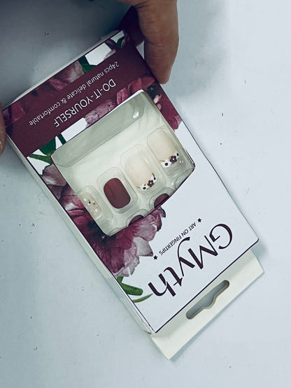 GMyth Press on Nails Short Square Fake Nails French Tip Glue on Nails Glossy Acrylic False Nails with Flower Designs Short Nails Press ons Cute Burgundy Artificial Stick on Nails for Women 24Pcs