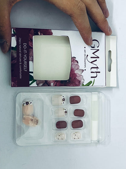 GMyth Press on Nails Short Square Fake Nails French Tip Glue on Nails Glossy Acrylic False Nails with Flower Designs Short Nails Press ons Cute Burgundy Artificial Stick on Nails for Women 24Pcs