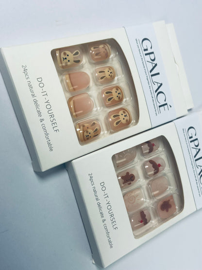 GPALACÉ Cute Animal Artificial Fake Nails, Medium Length Press on Nails,Full Cover False Nails Kits for Women Girls, Rabbit Nails Design