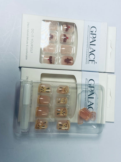 GPALACÉ Cute Animal Artificial Fake Nails, Medium Length Press on Nails,Full Cover False Nails Kits for Women Girls, Rabbit Nails Design