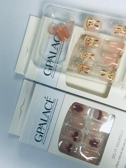 GPALACÉ Cute Animal Artificial Fake Nails, Medium Length Press on Nails,Full Cover False Nails Kits for Women Girls, Rabbit Nails Design