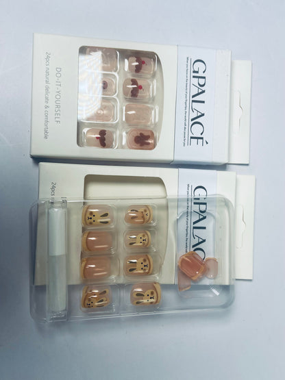 GPALACÉ Cute Animal Artificial Fake Nails, Medium Length Press on Nails,Full Cover False Nails Kits for Women Girls, Rabbit Nails Design