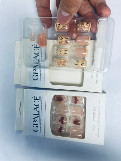 GPALACÉ Cute Animal Artificial Fake Nails, Medium Length Press on Nails,Full Cover False Nails Kits for Women Girls, Rabbit Nails Design